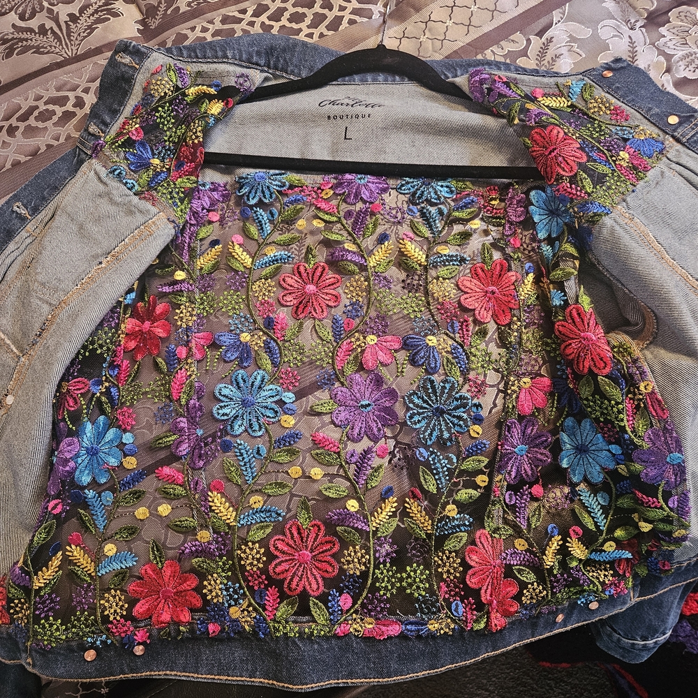 Embroidered Floral Denim Jacket - Blue - Picture 6 of 12